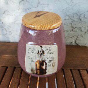 Vintage Rustic Stoneware Canister with Wooden Lid – Olive Oil Graphic – 7” high
